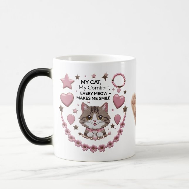 Magic Mug Charme Chat Kawaii – Cœurs Roses & Étoiles | 3 (Gauche)