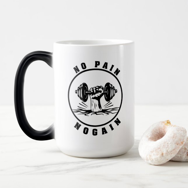 Magic Mug for Fitness lover "No Pain, No Gain" cite (Avec donut)