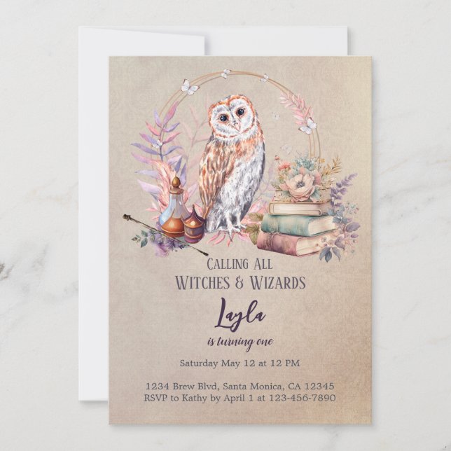 Magic Owl Girl Wizard First Birthday Invitation (Devant)