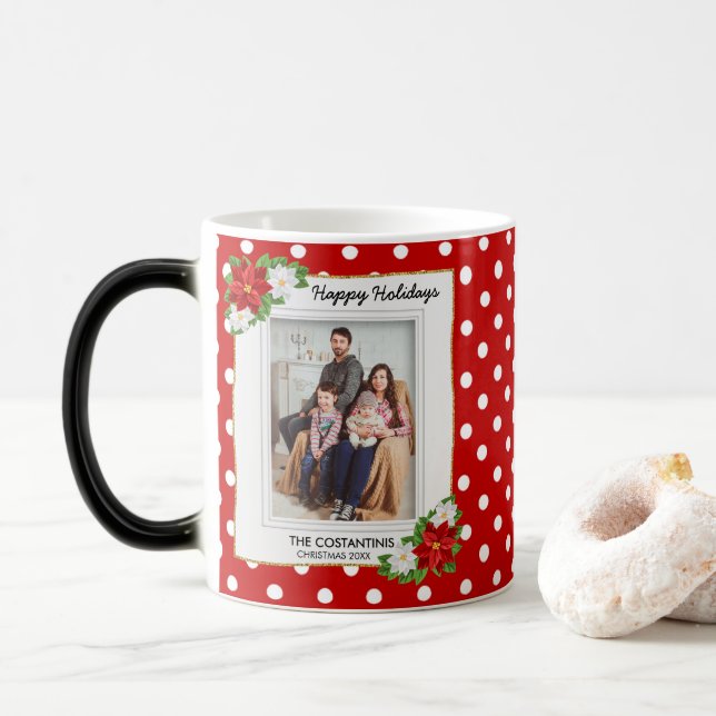 Magic Polka Dot Poinsettia Photo Christmas Coffee Mug (Avec donut)