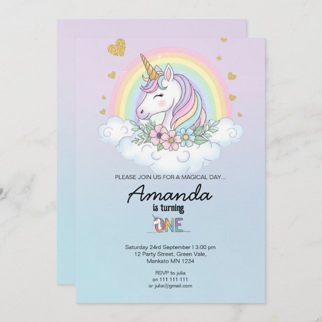 Magical Rainbow Unicorn 1st Birthday Invitation (Devant / Derrière)