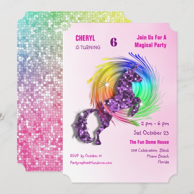 Magical Rainbow Unicorn mignon Invitation de la Fi (Devant / Derrière)