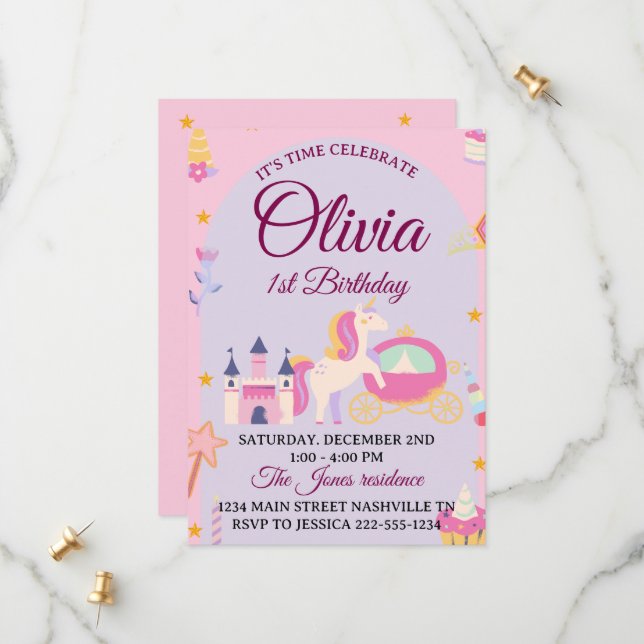 Magical Unicorn 1er anniversaire Invitation pour f (Devant/Arrière en situation)