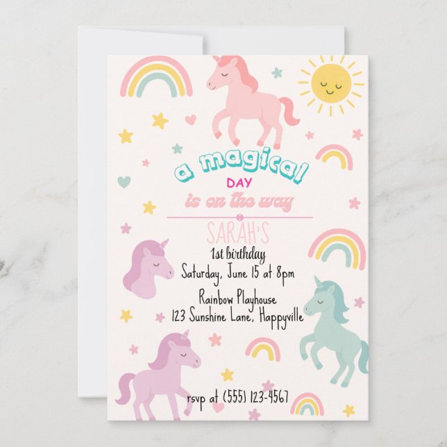 Magical Unicorn 1er anniversaire Invitation pour f (Devant)