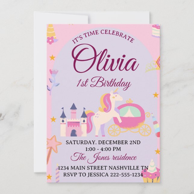 Magical Unicorn 1er anniversaire Invitation pour f (Devant)