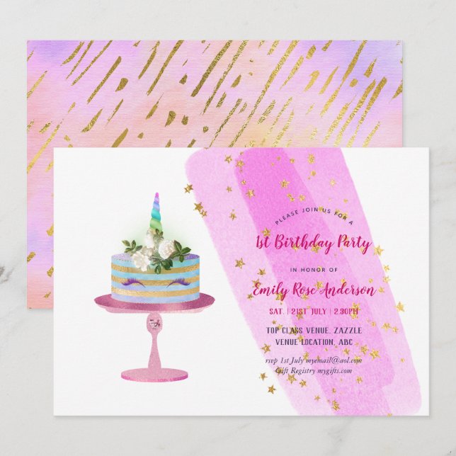 Magical Unicorn Cake Invitations d'anniversaire -  (Devant / Derrière)