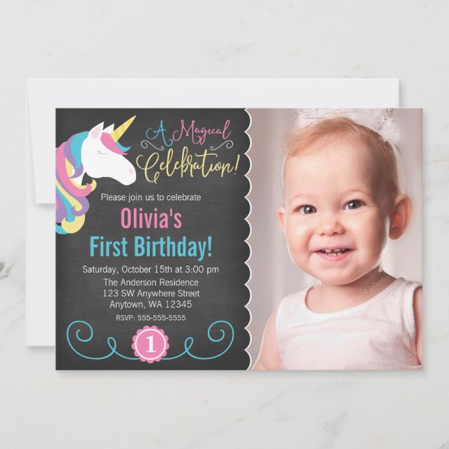 Magical Unicorn Chalkboard photo Invitation d'anni (Devant)