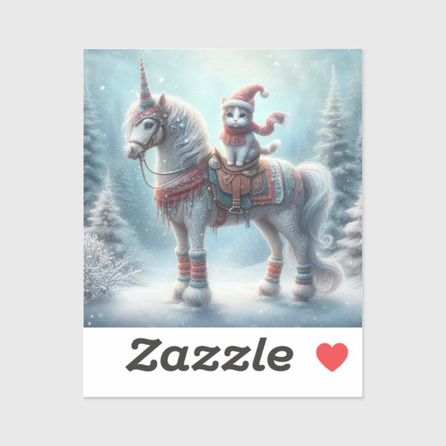 Magical Winter Unicorn & Cat Sticker – Festive Fan (Feuille)