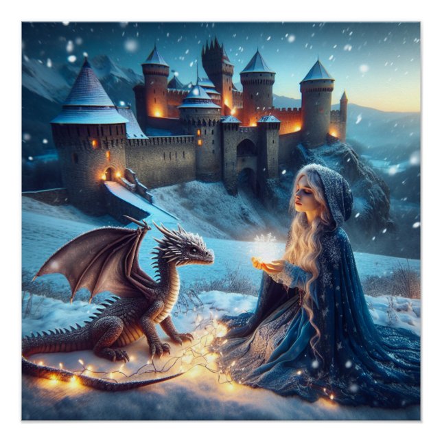 Magicien Sorcière Dragon Imaginaire Art Poster (Devant)