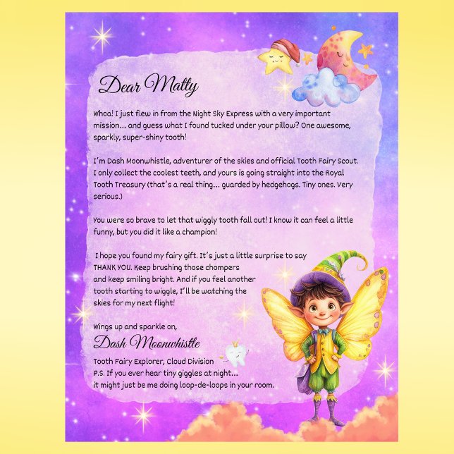 Magique Garçons Dents Gardiens de fée Lettre - Per (Boys Tooth Fairy Letter Personalized Printed Letter from Dash Moonwhistle – Custom Tooth Fairy Note)