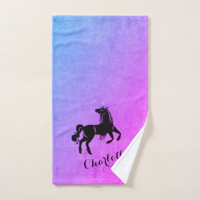 Magique Noir Unicorne Gradient Violet Personnalisé (Serviette à main)