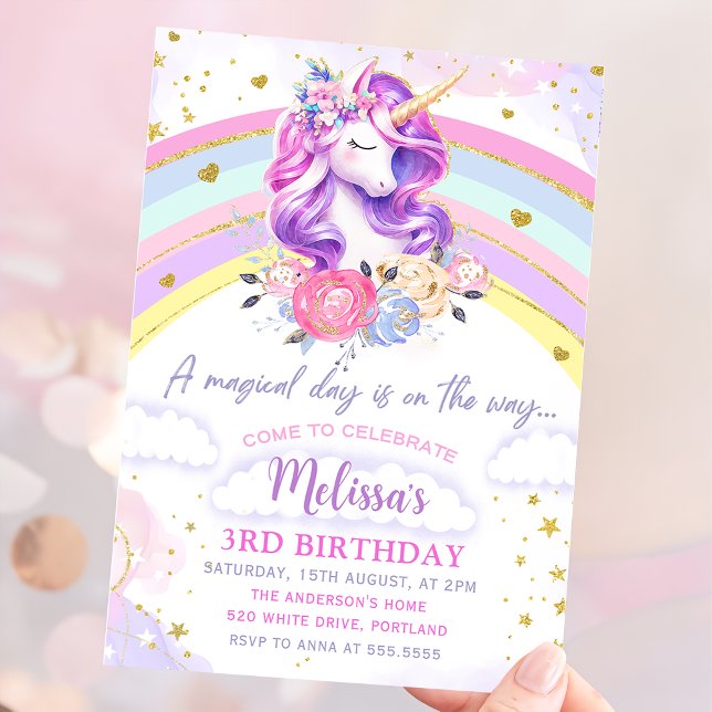 Magique Pastel Rainbow Unicorn Invitation Annivers (Créateur téléchargé)
