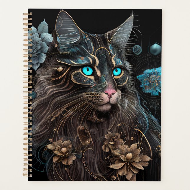 Magique steampunk Maine Coon chat et fleurs IA art (Devant)
