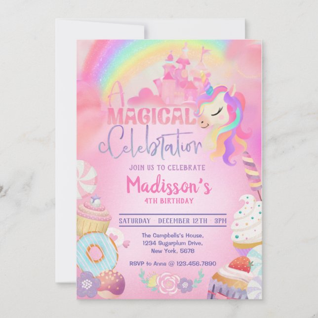 Magique Unicorn Donut Sweet Invitation d'anniversa (Devant)