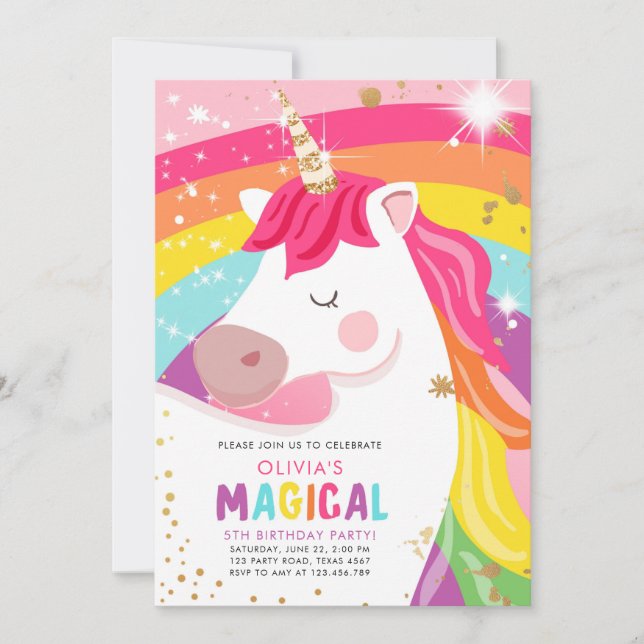 Magique Unicorn Rainbow Girl Invitation d'annivers (Devant)