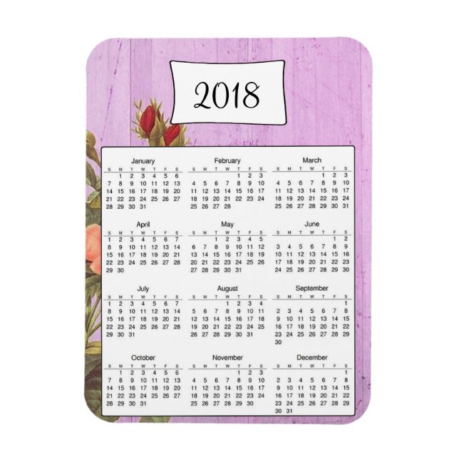 Magnet 2018 Rustique Purple Floral Bois Calendrier (Vertical)