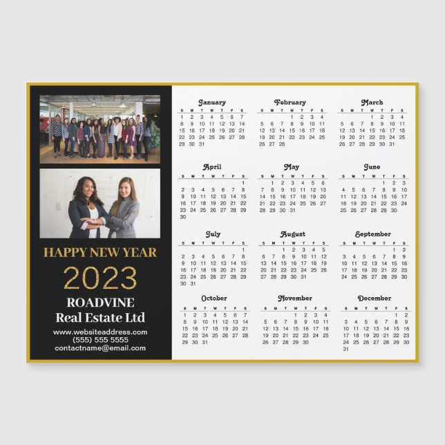 Magnet 2023 Business 2 Photo Gold Script Calendrie (Devant)