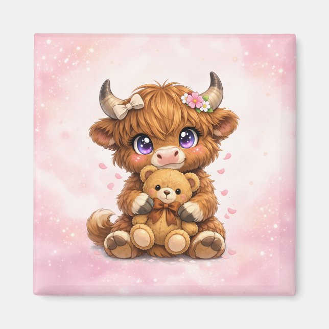 Magnet carré avec une vache des Highlands mignonne (Devant)