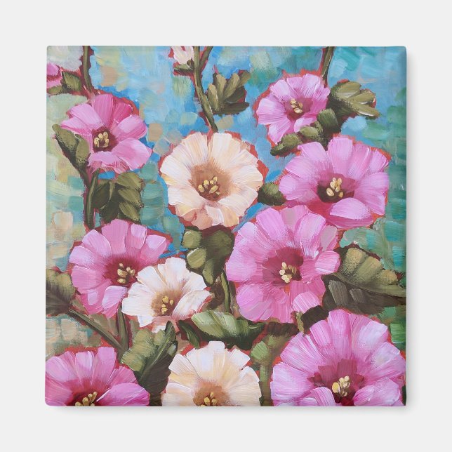 Magnet Carré de 2 pouces "Bright Hollyhocks" (Devant)