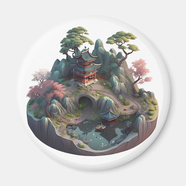 Magnet circulaire paysage 3D Imaginaire chinois mi (Devant)