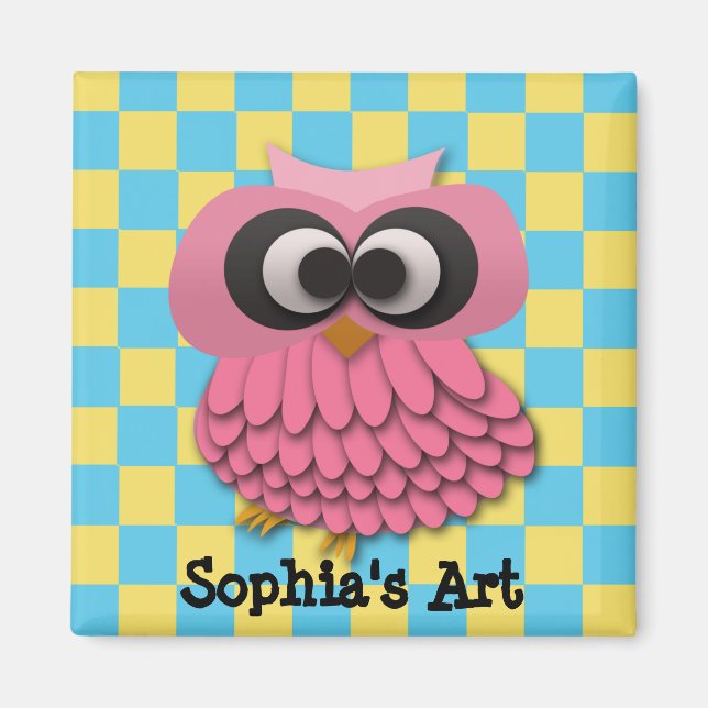 Magnet d'art pour enfant avec un hibou rose mignon (Devant)