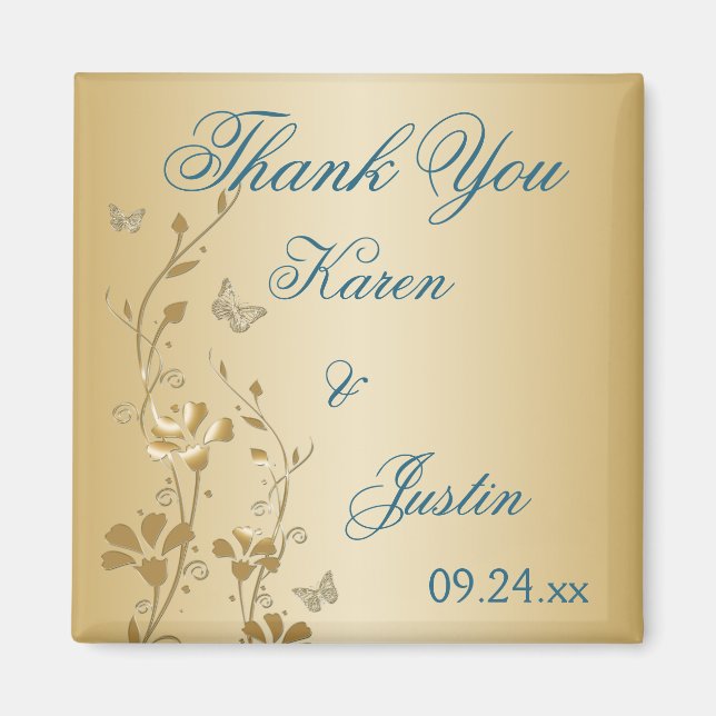 Magnet de fleurs turquoises et d'or et de papillon (Devant)