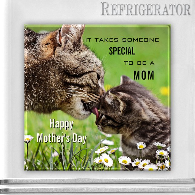 Magnet de la Fête des Mères de maman de chat migno (Pretty spring time magnet featuring a cat mom with an adorable kitten - Mother's Day)
