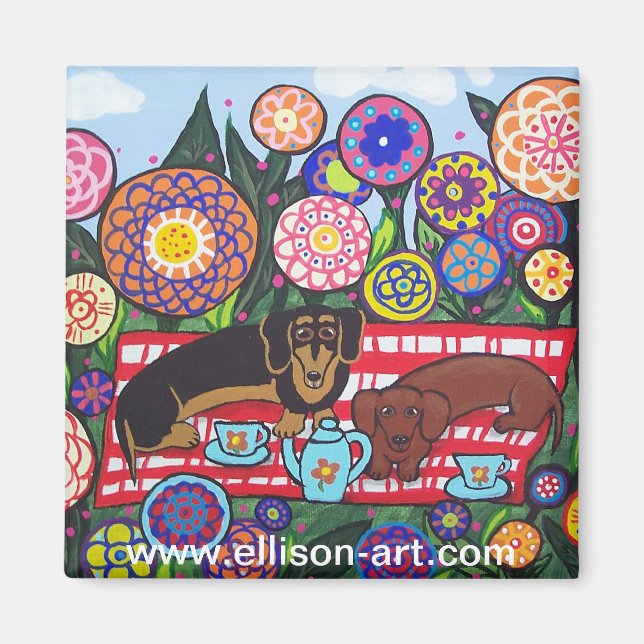 Magnet de l'heure du thé de Dachshund (Devant)