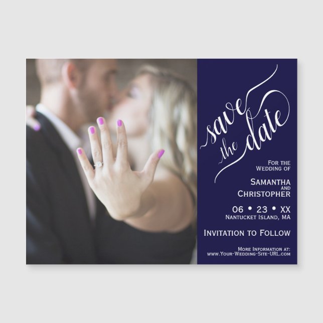 Magnet de mariage chic simple bleu marine pour sau (Devant)