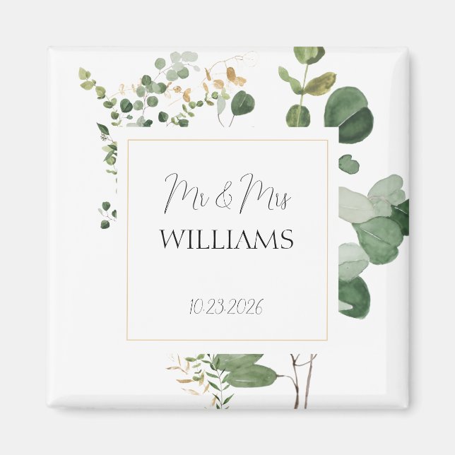 Magnet de mariage personnalisé avec feuillage doré (Devant)
