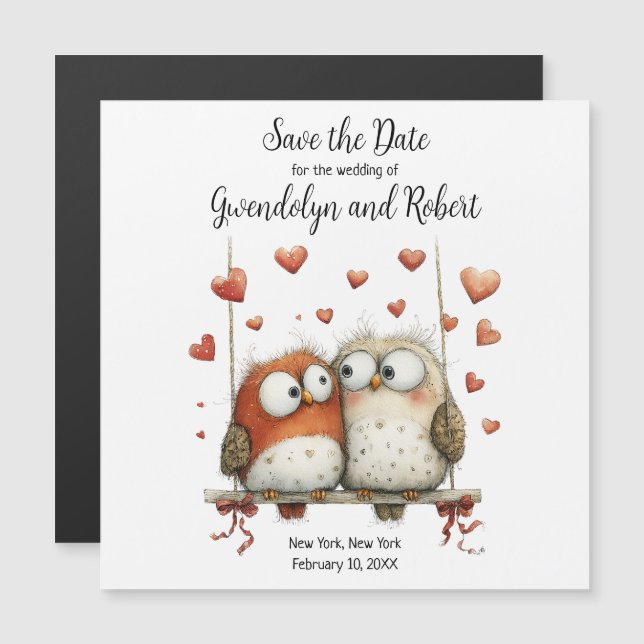 Magnet de mariage 'Save the Date' Couple de hiboux (Devant / Derrière)