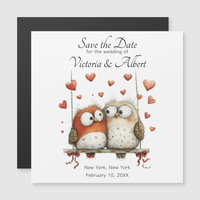 Magnet de mariage 'Save the Date' Couple de hiboux (Devant / Derrière)
