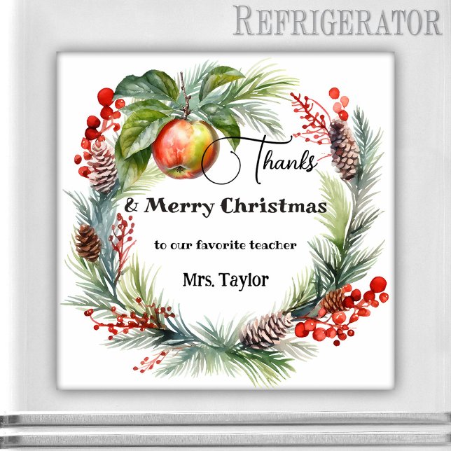 Magnet de Merci de Noël de l'enseignant (Magnet featuring a watercolor Christmas holiday wreath with an apple. Thank You teacher gift)