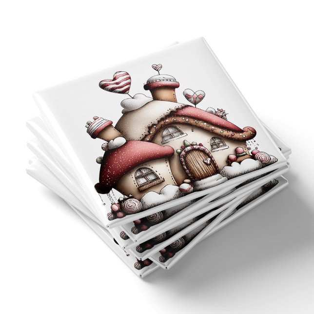 Magnet de Noël Cottage Cœur Rose (Pink Heart Cottage Christmas Magnet by PiggyPrint Stickers. )