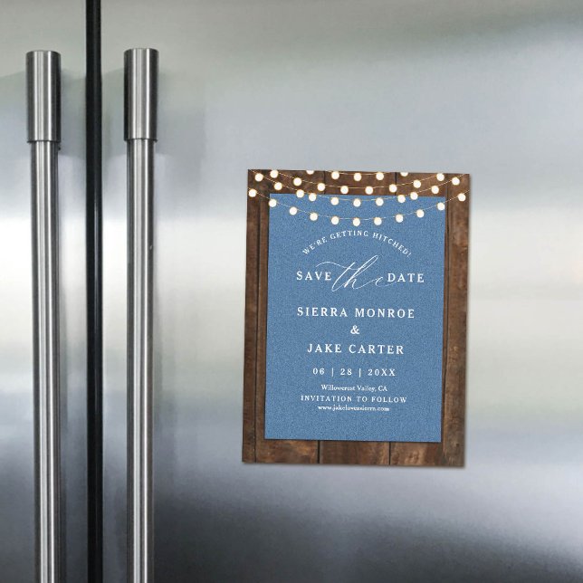 Magnet de sauvegarde de date de mariage rustique e (magnet wedding save the date rustic wood denim string lights blue white calligraphy chic elegant)