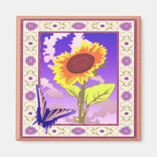 Magnet de tournesol encadré et papillon