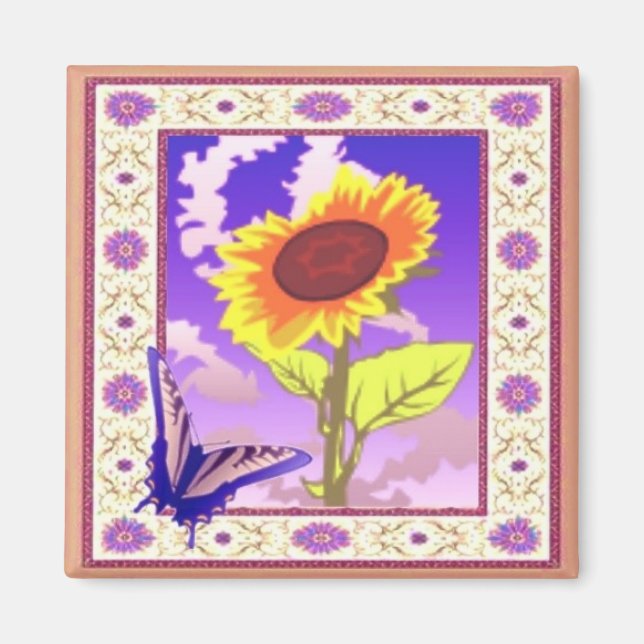 Magnet de tournesol encadré et papillon (Devant)