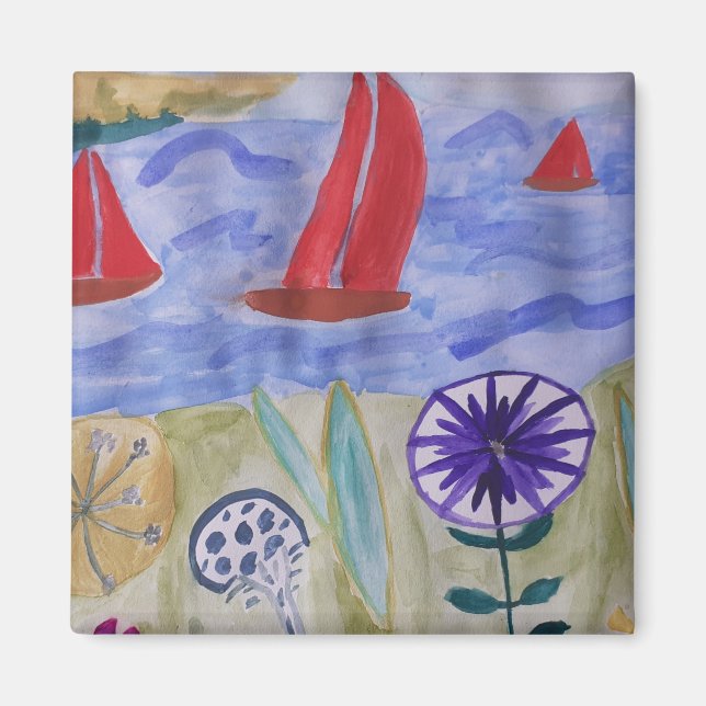 Magnet de voiles et de fleurs rouges (Devant)