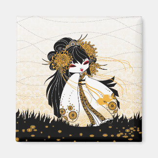 Magnet déco cuisine kokeshi chrysanthème