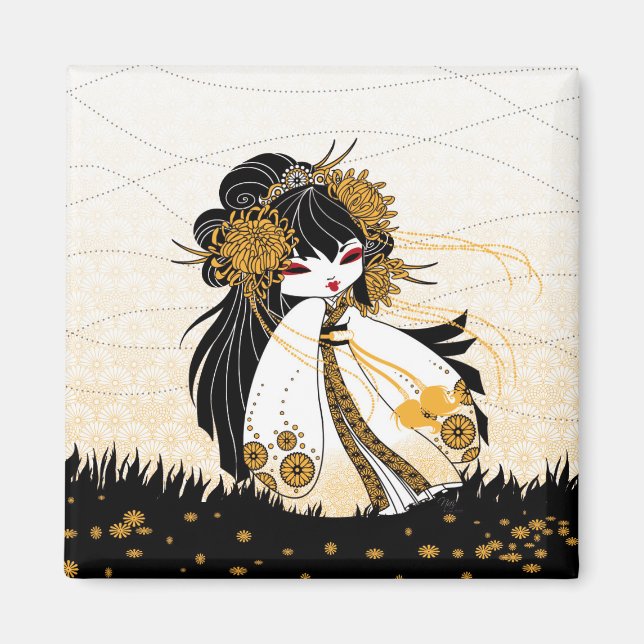 Magnet déco cuisine kokeshi chrysanthème (Devant)