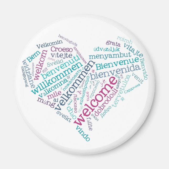 Magnet du coeur de bienvenue (plusieurs langues) (Devant)