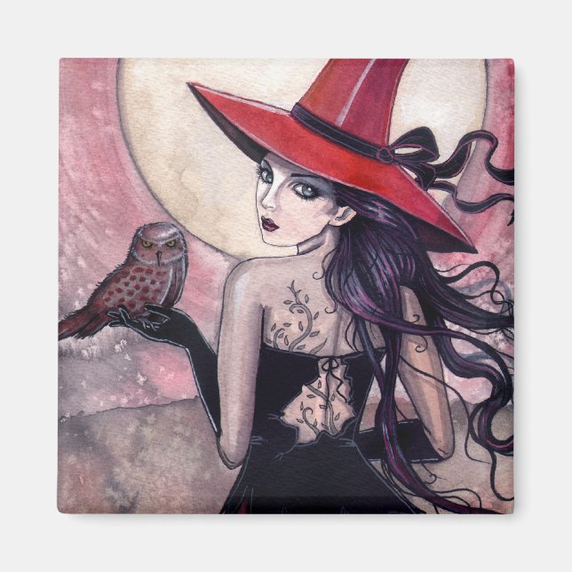 Magnet fantaisie sorcière et chouette (Devant)