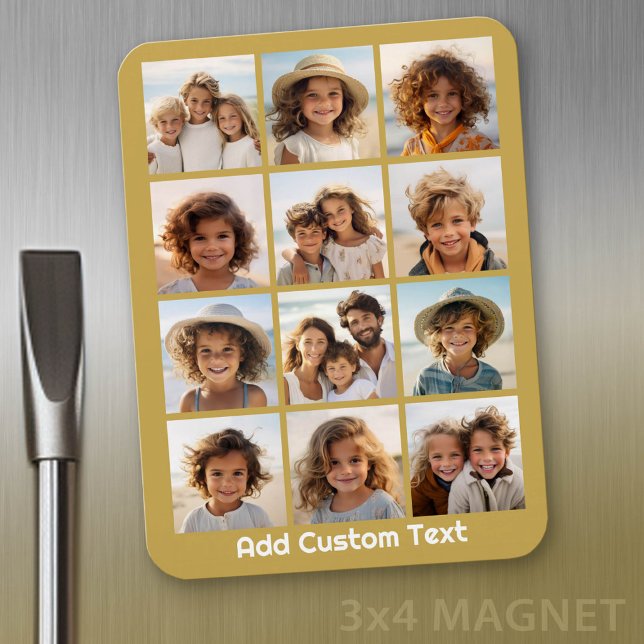 Magnet Flexible 12 Collage de photos avec fond doré (Personalized refrigerator magnet with photo collage and custom text - add 12 photos to this design)