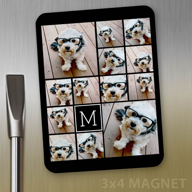 Magnet Flexible 13 Collage photo Monogramme noir - Peut modifier l (Personalized refrigerator magnet with photo collage and custom text - add 13 photos to this design)