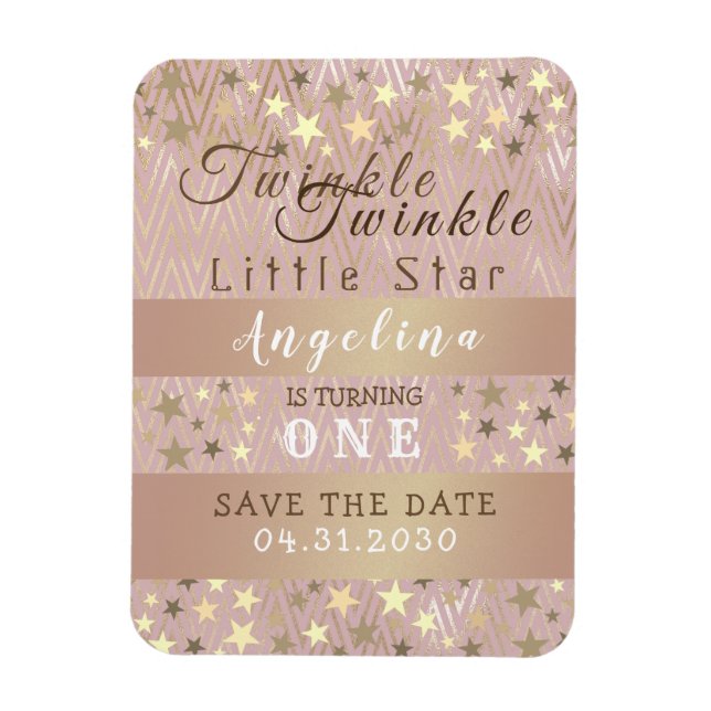 Magnet Flexible 1er Anniversaire Sauvez La Date Rose et Or Etoiles (Vertical)