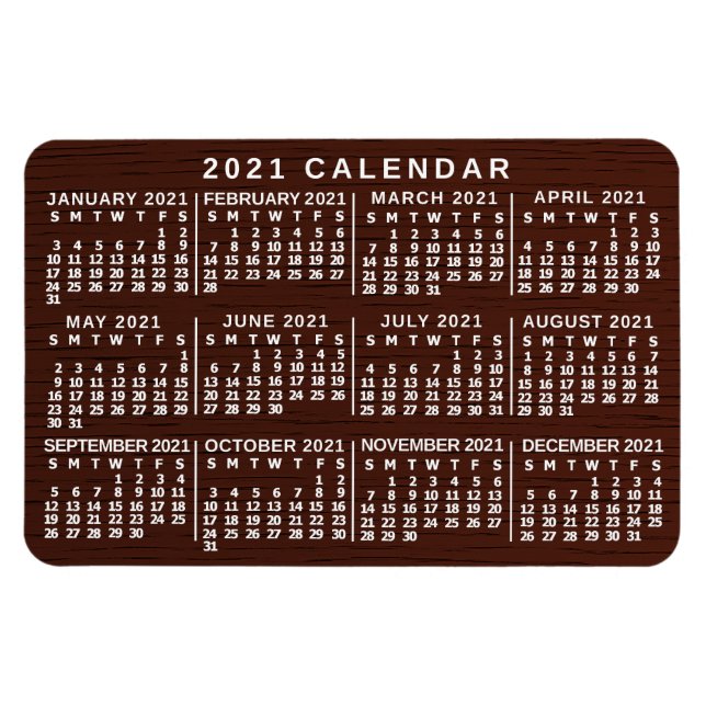 Magnet Flexible 2021 Année Calendrier mensuel Brown Wood Grain Sim (Horizontal)
