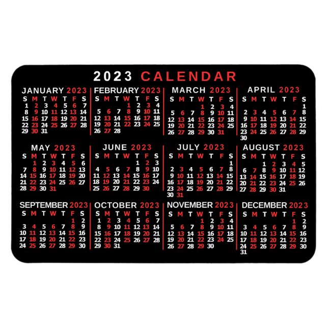 Magnet Flexible 2023 Year Monthly Calendar Classic Black Red White (Horizontal)