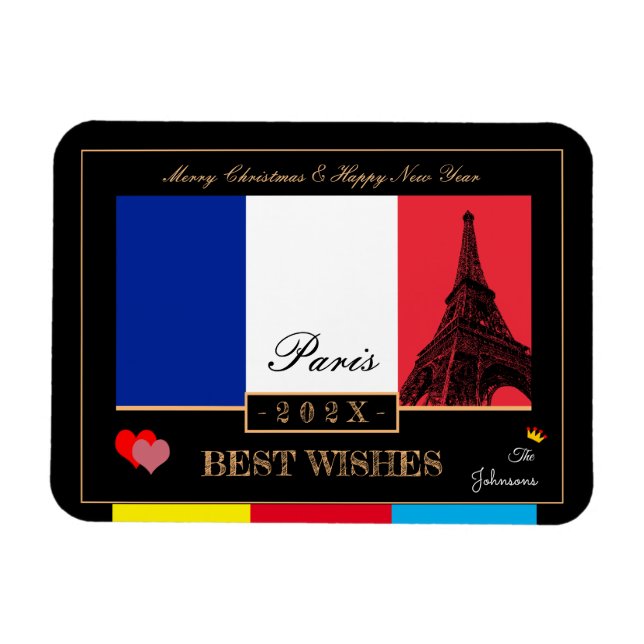 Magnet Flexible 2024 French Flag & Eiffel Happy New Year, France (Horizontal)