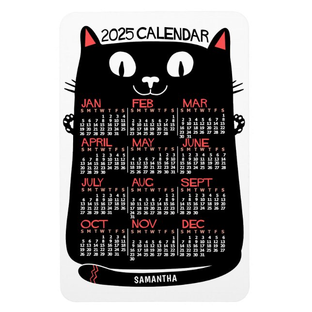Magnet Flexible 2025 Année Calendrier mensuel Chat noir du milieu  (Vertical)