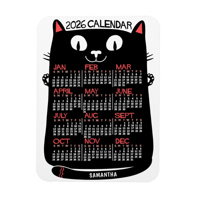 Magnet Flexible 2026 Year Monthly Calendar Mid-Century Black Cat (Vertical)